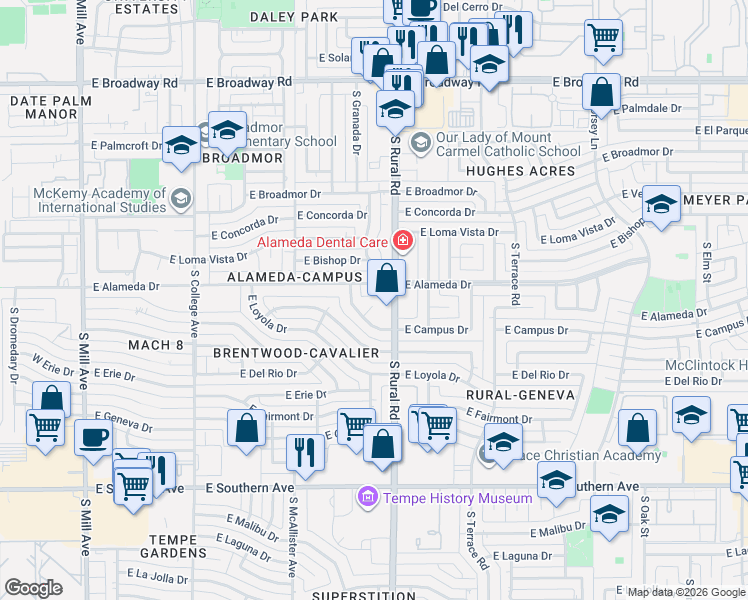 map of restaurants, bars, coffee shops, grocery stores, and more near 804 East Campus Drive in Tempe