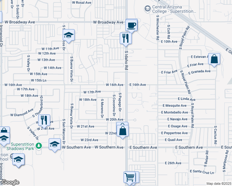 map of restaurants, bars, coffee shops, grocery stores, and more near 1811 South Coconino Drive in Apache Junction
