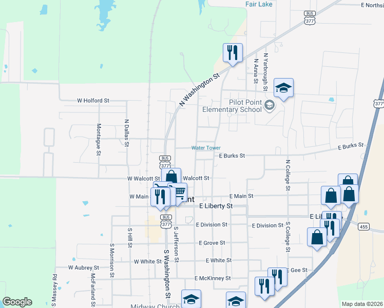 map of restaurants, bars, coffee shops, grocery stores, and more near 225 North Church Street in Pilot Point