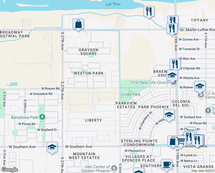 map of restaurants, bars, coffee shops, grocery stores, and more near 2398 West Roeser Road in Phoenix