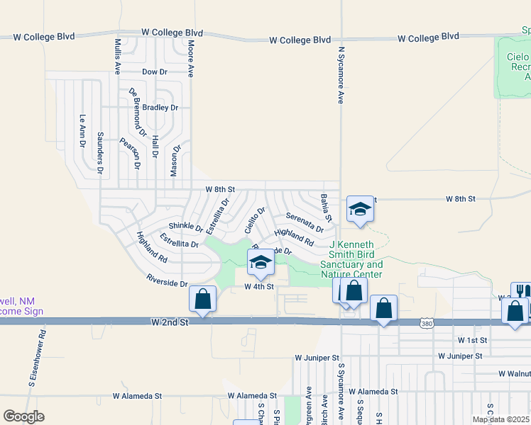 map of restaurants, bars, coffee shops, grocery stores, and more near 604 Canoncito Drive in Roswell