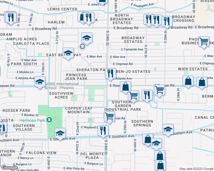 map of restaurants, bars, coffee shops, grocery stores, and more near South 24th Street & East Roeser Road in Phoenix
