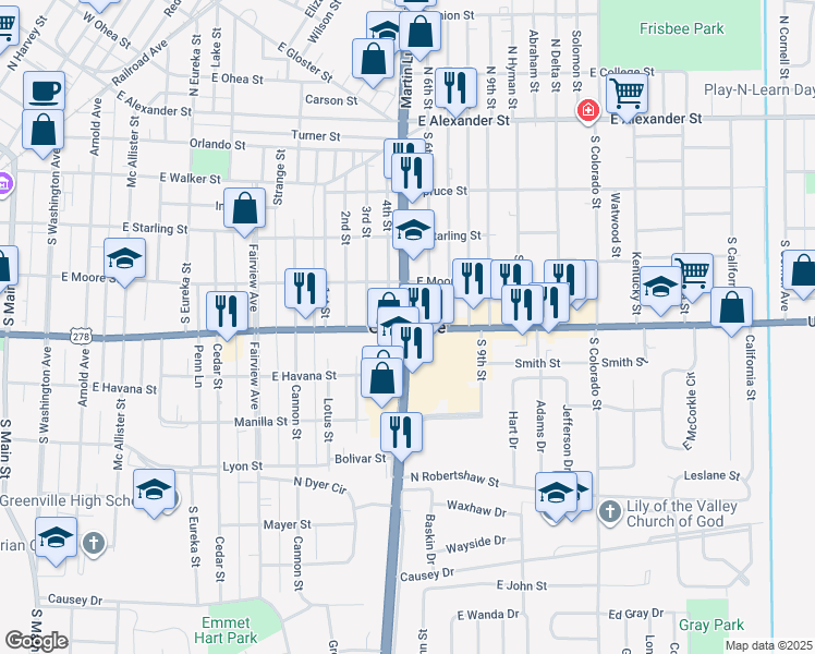 map of restaurants, bars, coffee shops, grocery stores, and more near in Greenville