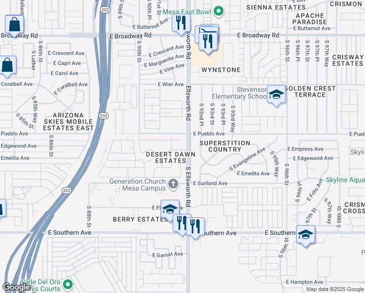 map of restaurants, bars, coffee shops, grocery stores, and more near in Mesa