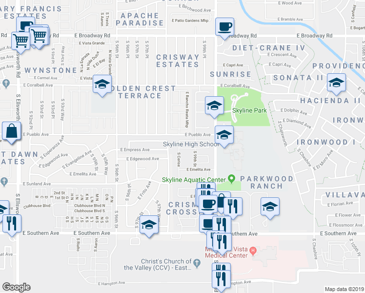 map of restaurants, bars, coffee shops, grocery stores, and more near 857 South Cerise in Mesa