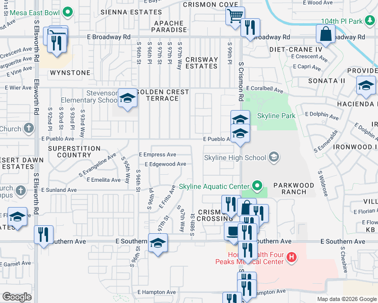 map of restaurants, bars, coffee shops, grocery stores, and more near 827 South 98th Street in Mesa