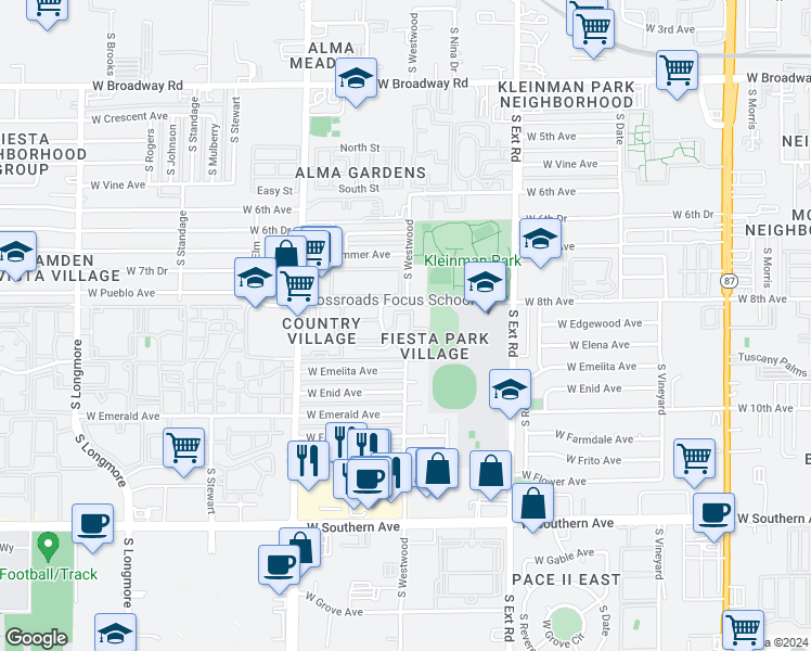 map of restaurants, bars, coffee shops, grocery stores, and more near 1013 West Elena Circle in Mesa