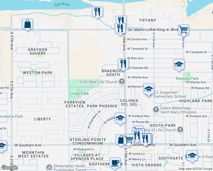 map of restaurants, bars, coffee shops, grocery stores, and more near 2053 West Roeser Road in Phoenix