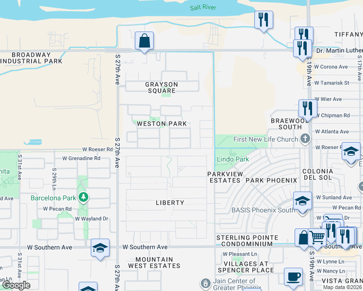map of restaurants, bars, coffee shops, grocery stores, and more near 2398 West Roeser Road in Phoenix