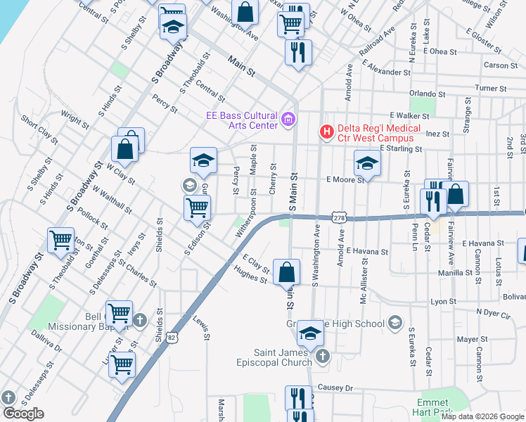 map of restaurants, bars, coffee shops, grocery stores, and more near 222 West Yerger in Greenville