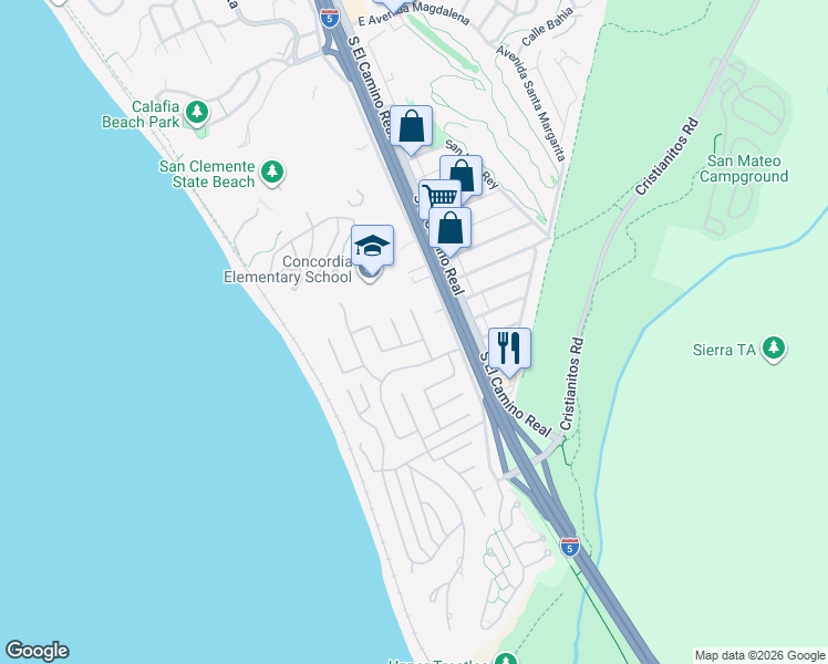 map of restaurants, bars, coffee shops, grocery stores, and more near 220 Avenida Vista Del Oceano in San Clemente