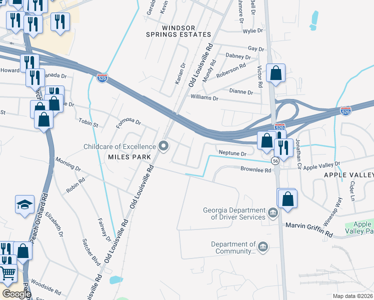 map of restaurants, bars, coffee shops, grocery stores, and more near 1971 Neptune Drive in Augusta