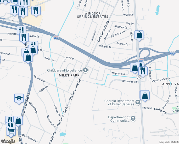 map of restaurants, bars, coffee shops, grocery stores, and more near 1971 Neptune Drive in Augusta