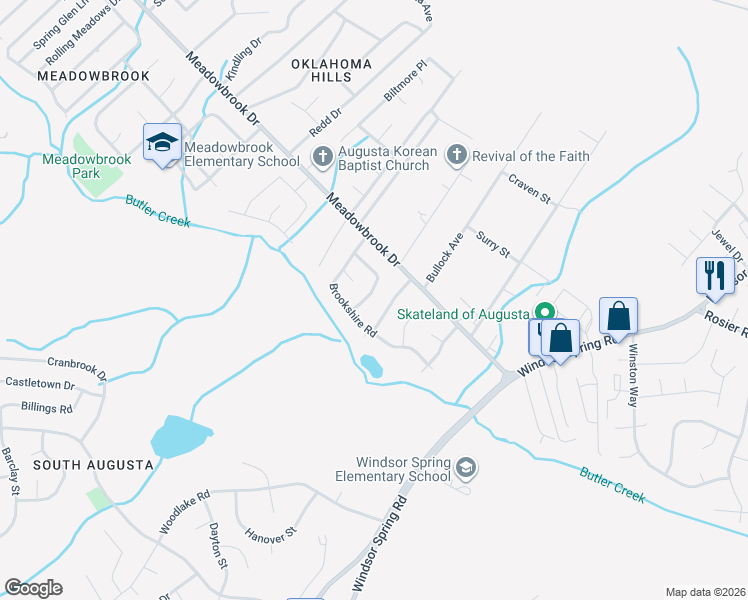 map of restaurants, bars, coffee shops, grocery stores, and more near 3614 Melbourne Drive in Augusta