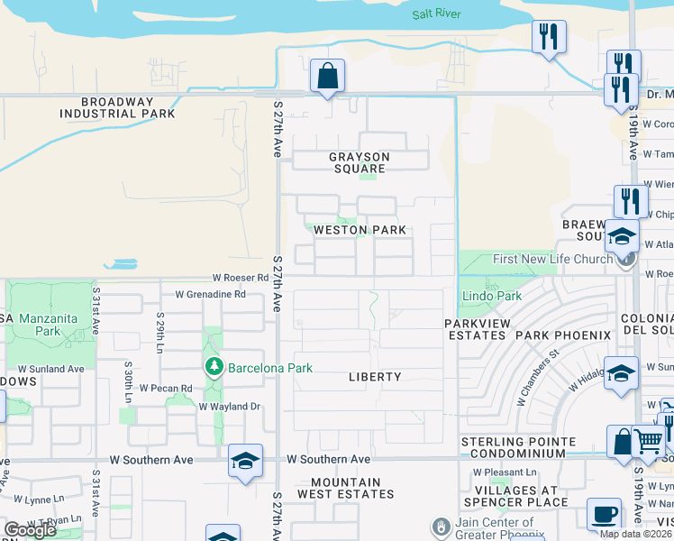 map of restaurants, bars, coffee shops, grocery stores, and more near 2520 West Grenadine Road in Phoenix