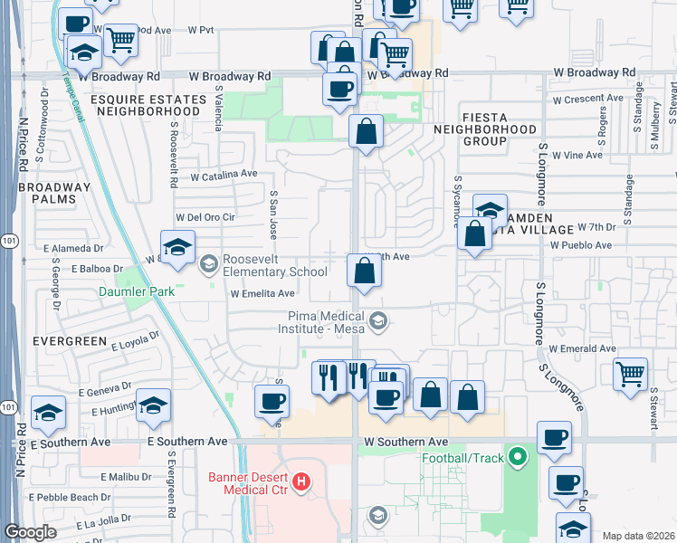 map of restaurants, bars, coffee shops, grocery stores, and more near 830 South Dobson Road in Mesa
