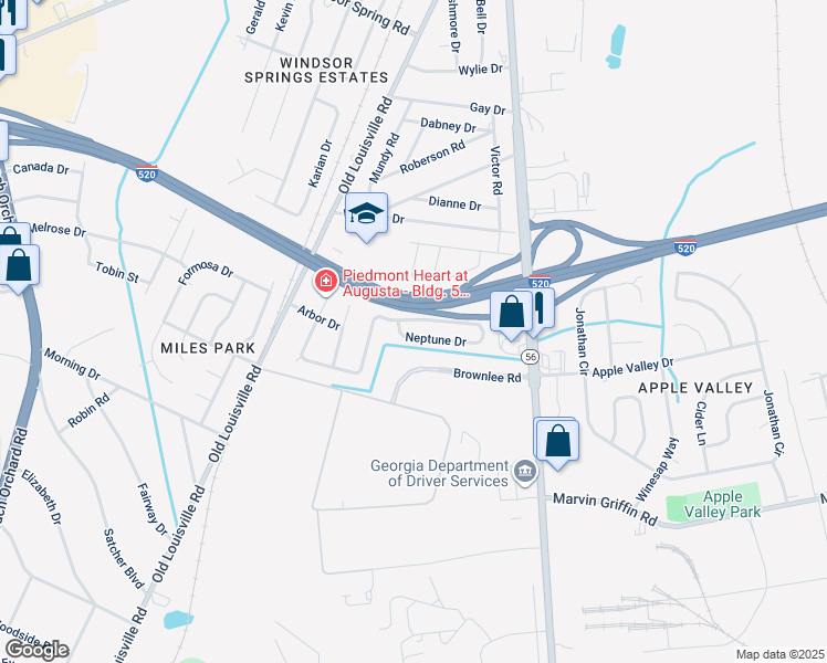 map of restaurants, bars, coffee shops, grocery stores, and more near 1888 Neptune Drive in Augusta