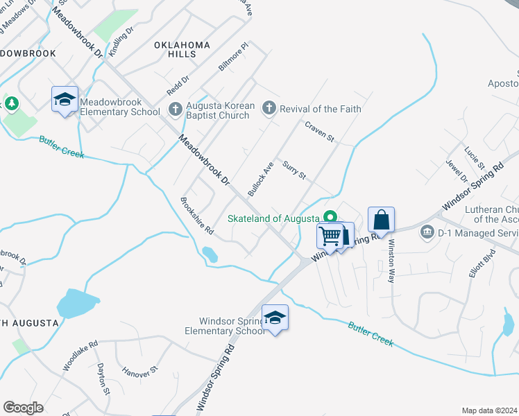 map of restaurants, bars, coffee shops, grocery stores, and more near 2523 Meadowbrook Drive in Augusta
