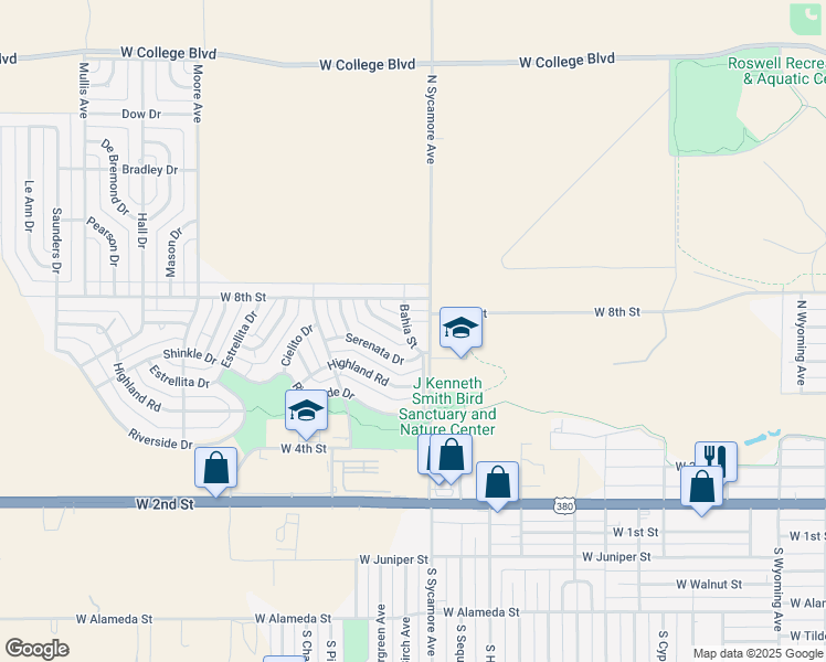 map of restaurants, bars, coffee shops, grocery stores, and more near 711 Bahia Street in Roswell