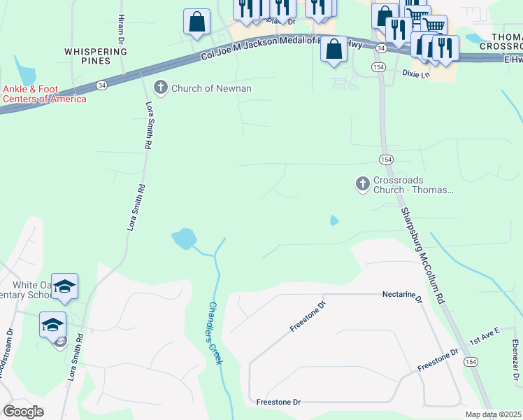 map of restaurants, bars, coffee shops, grocery stores, and more near 85 Treetop Lane in Newnan