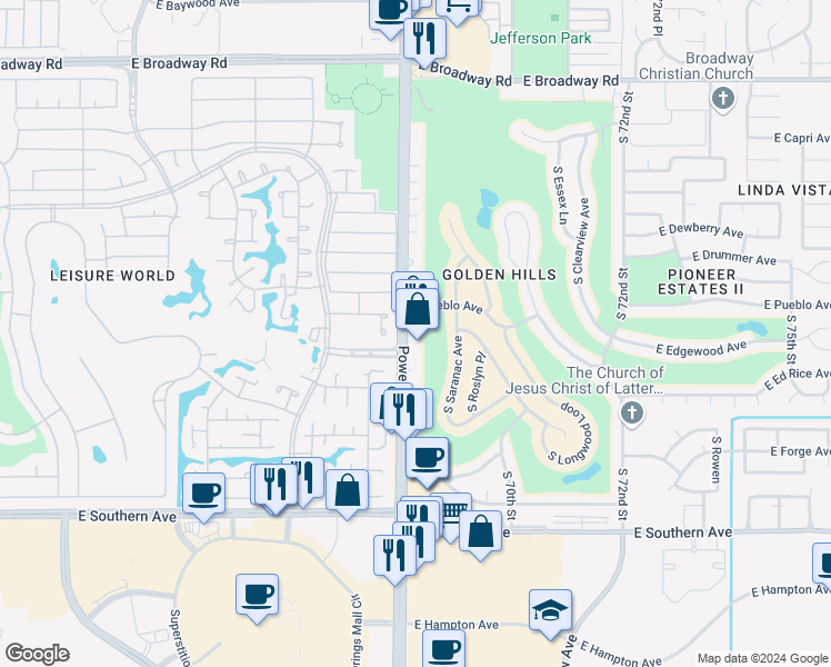 map of restaurants, bars, coffee shops, grocery stores, and more near 801 South Power Road in Mesa