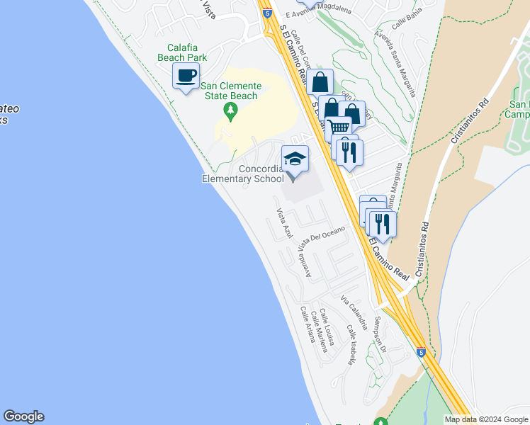 map of restaurants, bars, coffee shops, grocery stores, and more near 3811 Vista Blanca in San Clemente