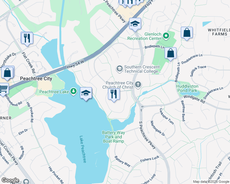map of restaurants, bars, coffee shops, grocery stores, and more near 100 Lake Point Drive in Peachtree City