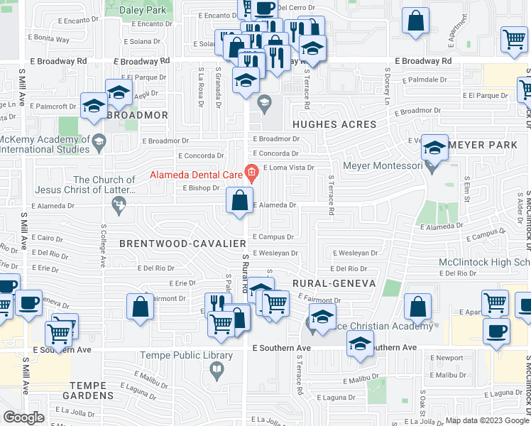 map of restaurants, bars, coffee shops, grocery stores, and more near 2710 South Jentilly Lane in Tempe