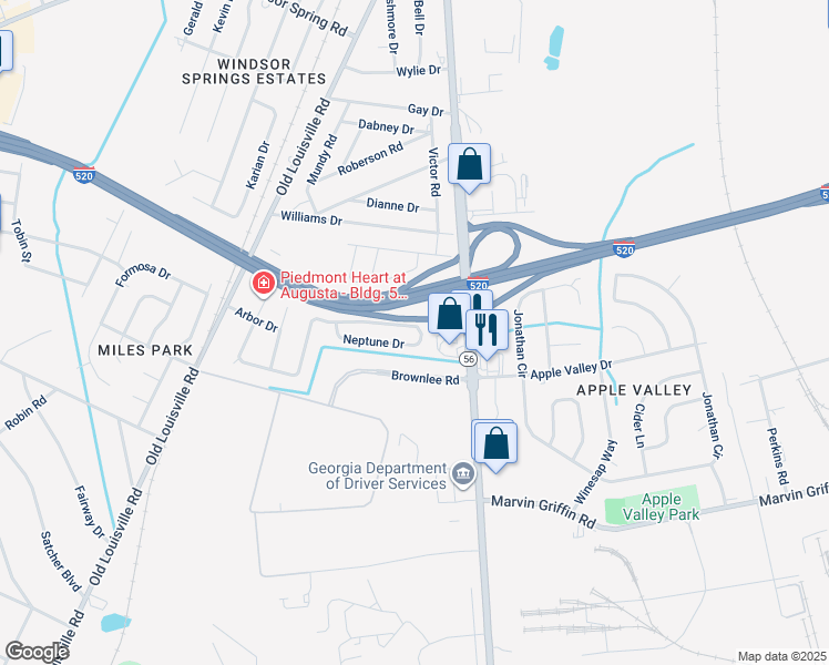 map of restaurants, bars, coffee shops, grocery stores, and more near 1912 Neptune Drive in Augusta