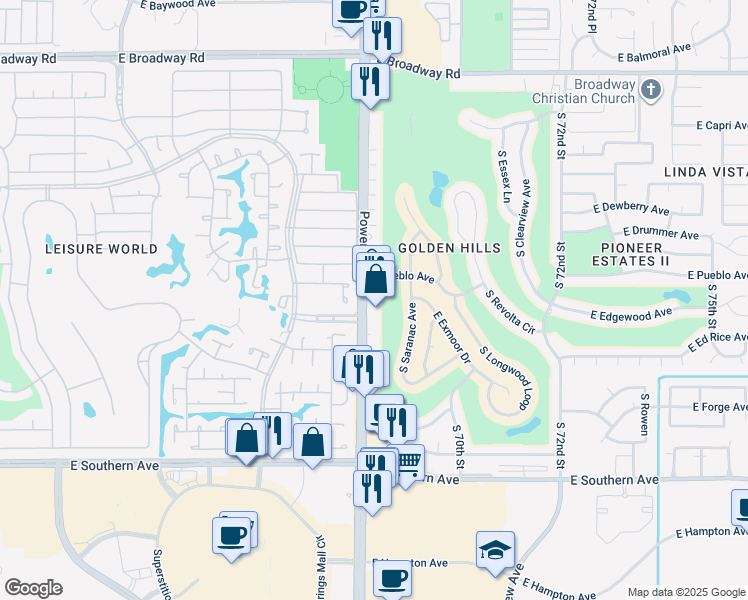 map of restaurants, bars, coffee shops, grocery stores, and more near 801 South Power Road in Mesa