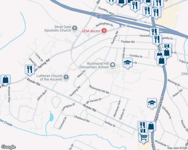 map of restaurants, bars, coffee shops, grocery stores, and more near 3428 Rushing Road in Augusta