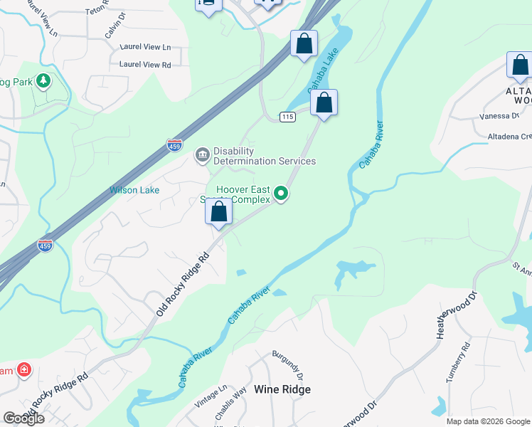 map of restaurants, bars, coffee shops, grocery stores, and more near 2640 Old Rocky Ridge Road in Birmingham