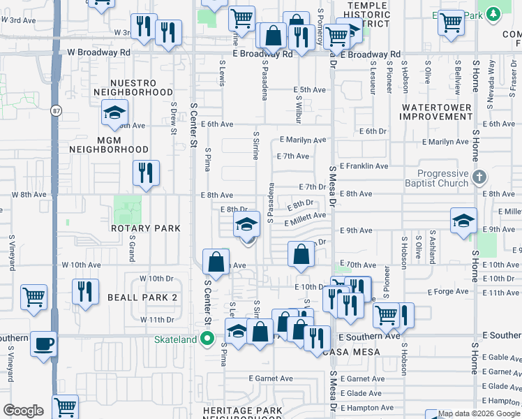 map of restaurants, bars, coffee shops, grocery stores, and more near 145 East 8th Avenue in Mesa