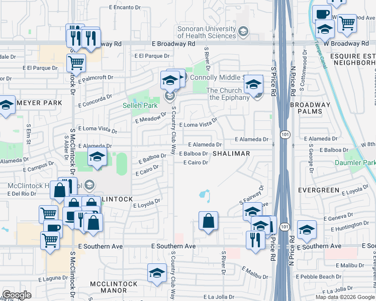 map of restaurants, bars, coffee shops, grocery stores, and more near 2632 South Fairfield Drive in Tempe