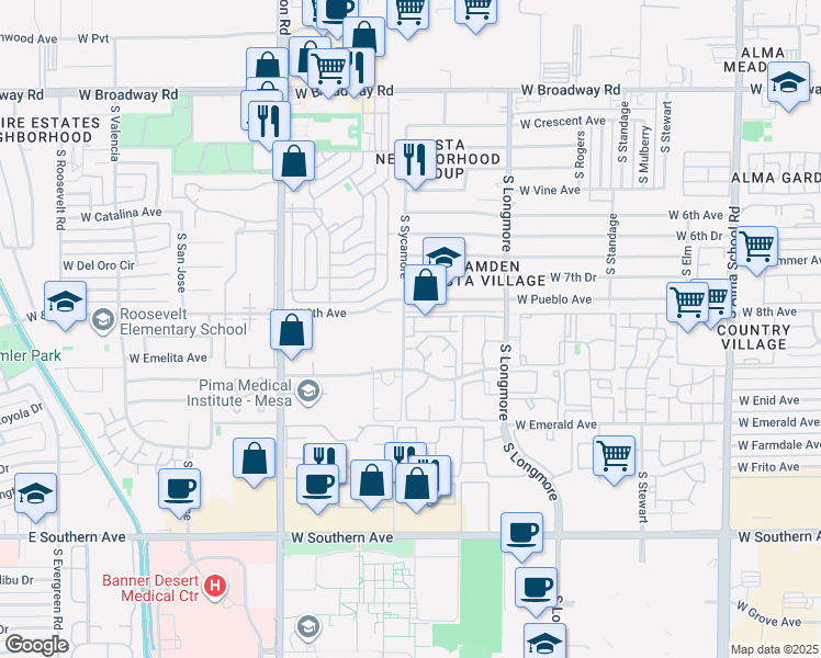 map of restaurants, bars, coffee shops, grocery stores, and more near 805 South Sycamore in Mesa