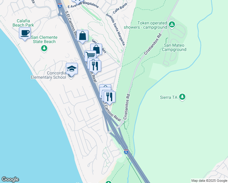 map of restaurants, bars, coffee shops, grocery stores, and more near 128 Avenida Santa Margarita in San Clemente