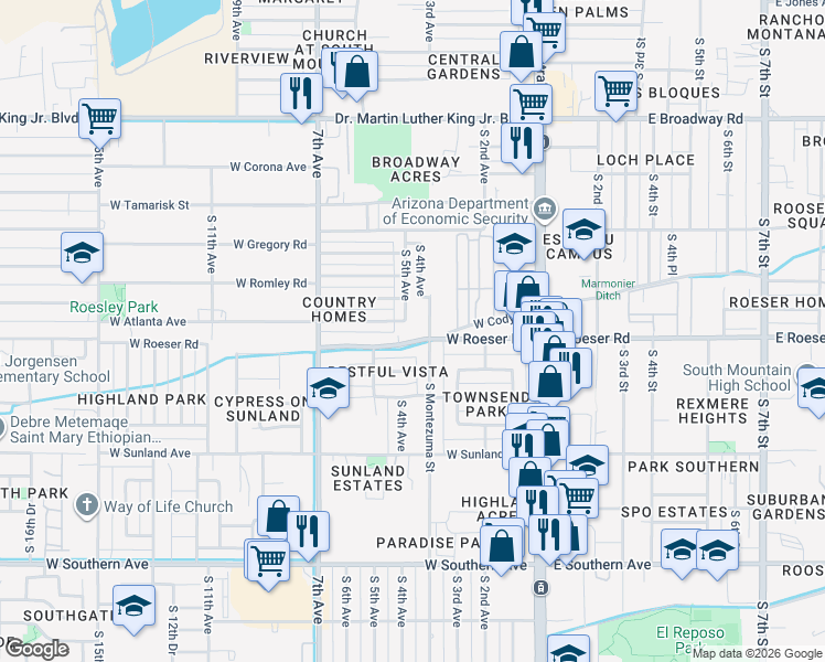 map of restaurants, bars, coffee shops, grocery stores, and more near 4929 South 5th Avenue in Phoenix
