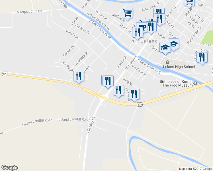 map of restaurants, bars, coffee shops, grocery stores, and more near 517 South Main Street in Leland