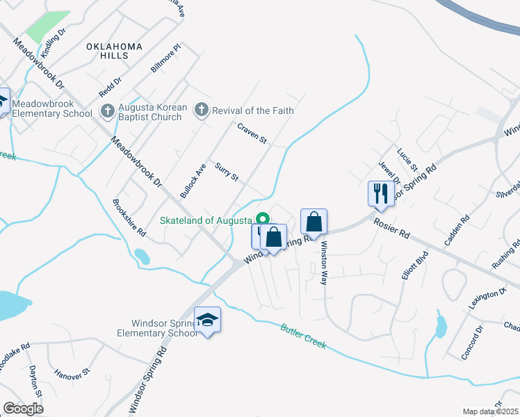 map of restaurants, bars, coffee shops, grocery stores, and more near 2604 Surry Street in Augusta