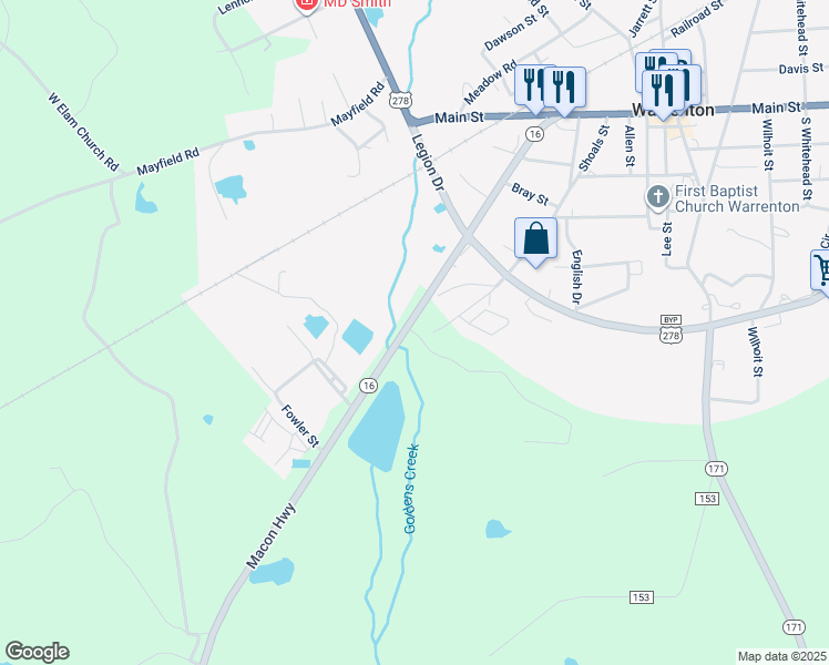 map of restaurants, bars, coffee shops, grocery stores, and more near 55 Parham Street in Warrenton