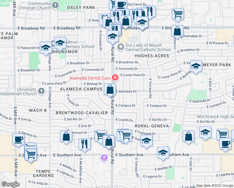 map of restaurants, bars, coffee shops, grocery stores, and more near 2725 South Rural Road in Tempe