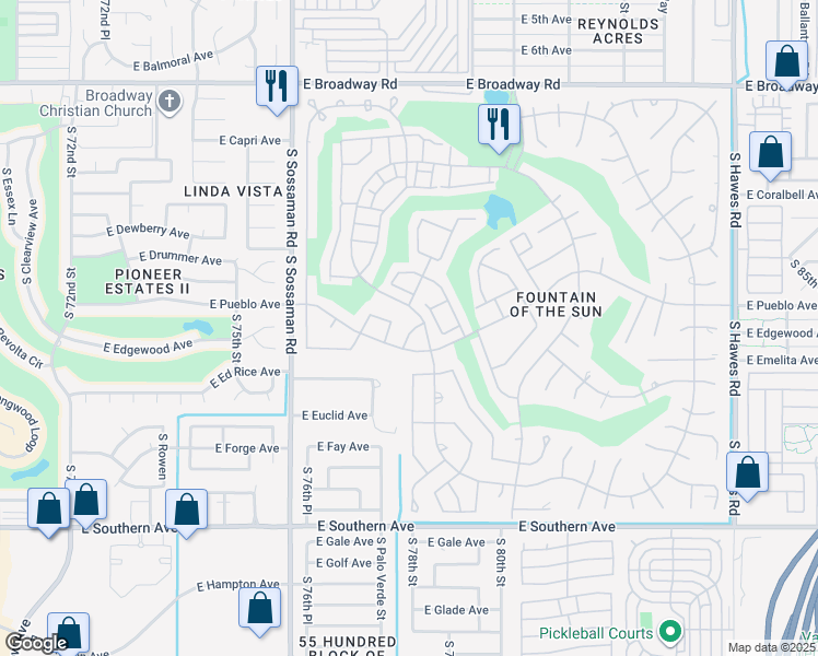 map of restaurants, bars, coffee shops, grocery stores, and more near 752 South 78th Place in Mesa