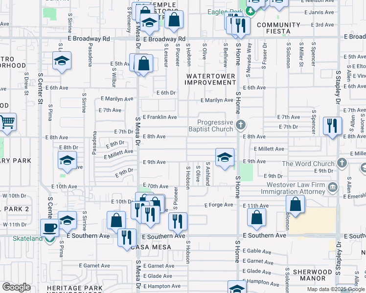 map of restaurants, bars, coffee shops, grocery stores, and more near 555 East 8th Avenue in Mesa