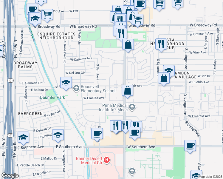 map of restaurants, bars, coffee shops, grocery stores, and more near 720 Skyview Mesa II Apartments in Mesa