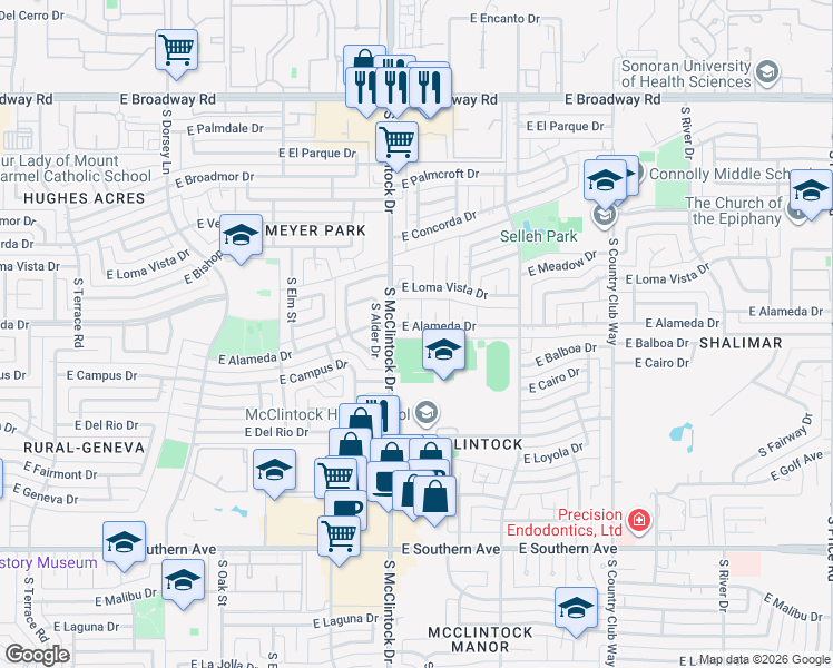 map of restaurants, bars, coffee shops, grocery stores, and more near 1824 East Alameda Drive in Tempe