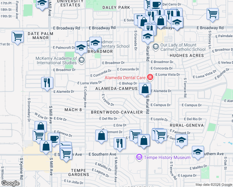 map of restaurants, bars, coffee shops, grocery stores, and more near in Tempe
