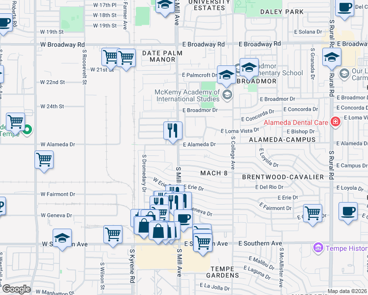map of restaurants, bars, coffee shops, grocery stores, and more near 7 East Bishop Drive in Tempe