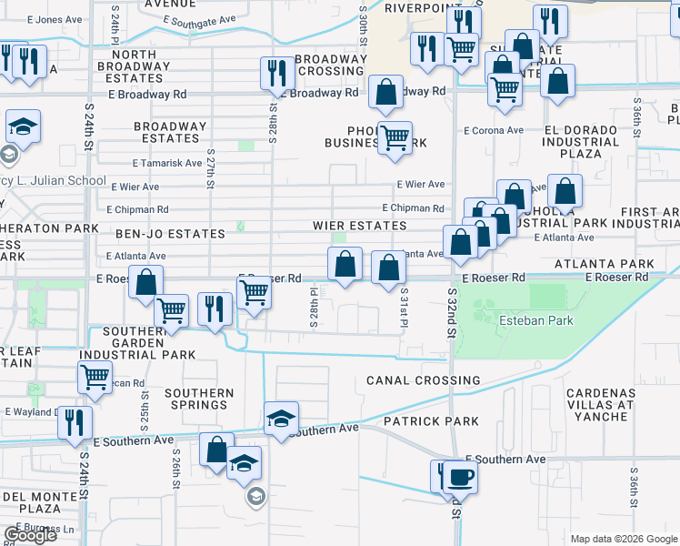 map of restaurants, bars, coffee shops, grocery stores, and more near 2857 East Atlanta Avenue in Phoenix