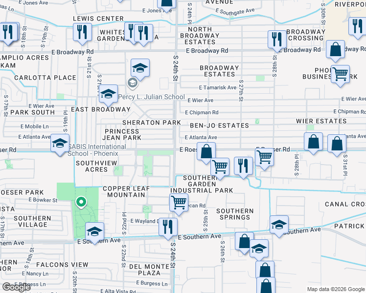 map of restaurants, bars, coffee shops, grocery stores, and more near 2419 East Atlanta Avenue in Phoenix