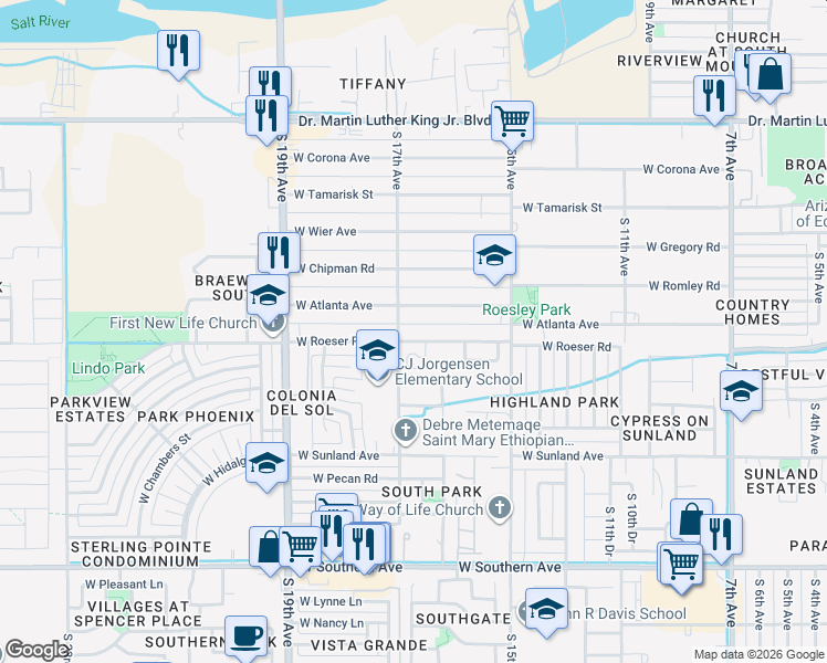 map of restaurants, bars, coffee shops, grocery stores, and more near 1647 West Atlanta Avenue in Phoenix